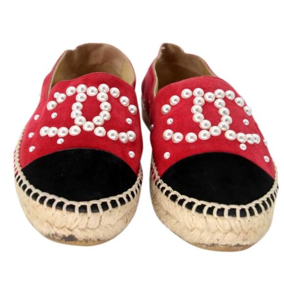Chanel Espadrille 37 Suede and Faux Pearl Cc Cap-toe Flats CC-S0207P-C042 - Picture 2 of 9